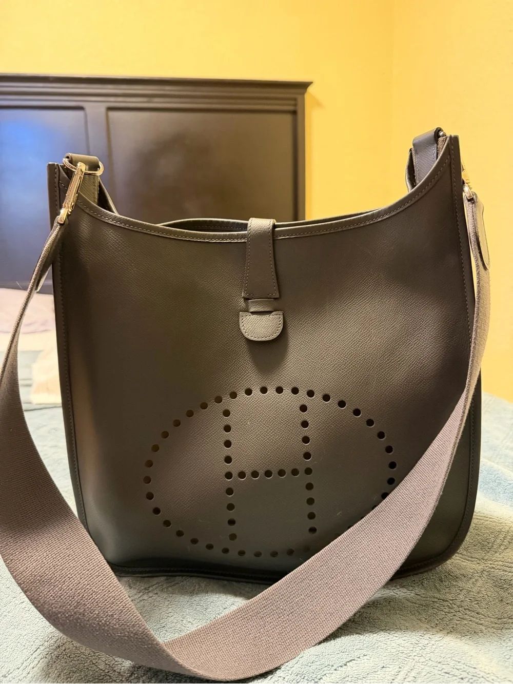 Hermes Gray Leather Messenger Bag with Charcoal Strap clean inside comes  bag